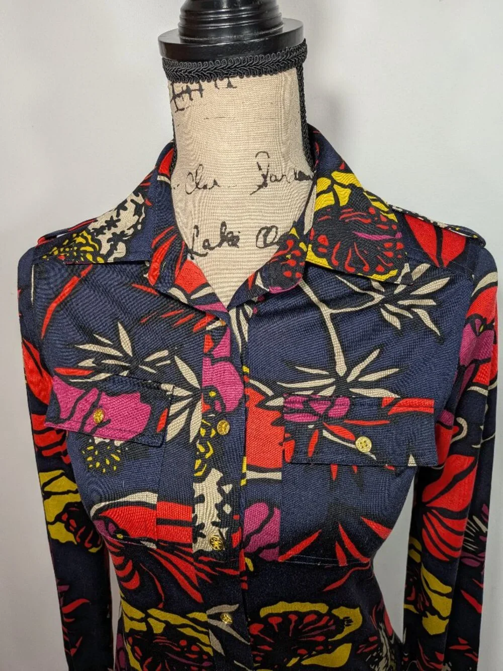 Tory Burch Floral Shirt Top Button Collared Silk Stretch Long Sleeve Womens XS
